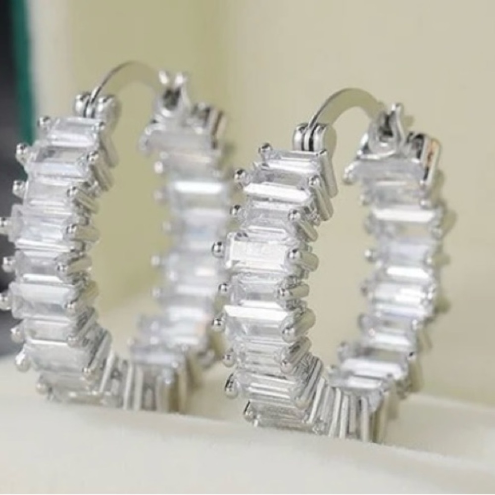 New rectangle cz silver hoop earrings